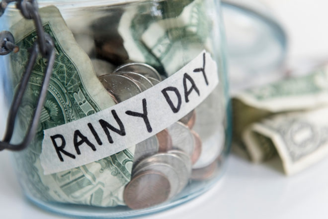 Jar that reads rainy day for savings